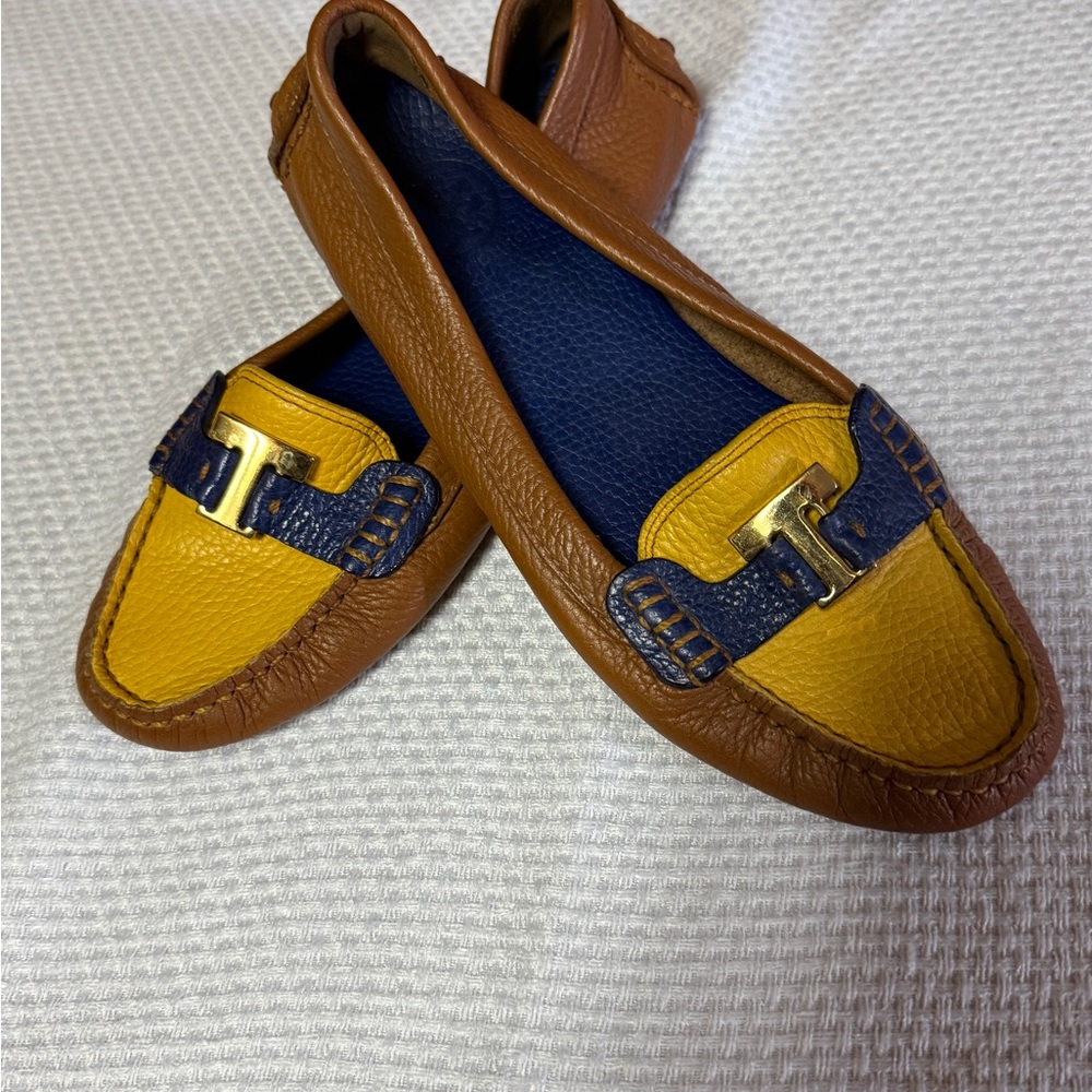 Tory Burch Brown and Yellow Loafers with Gold Accent